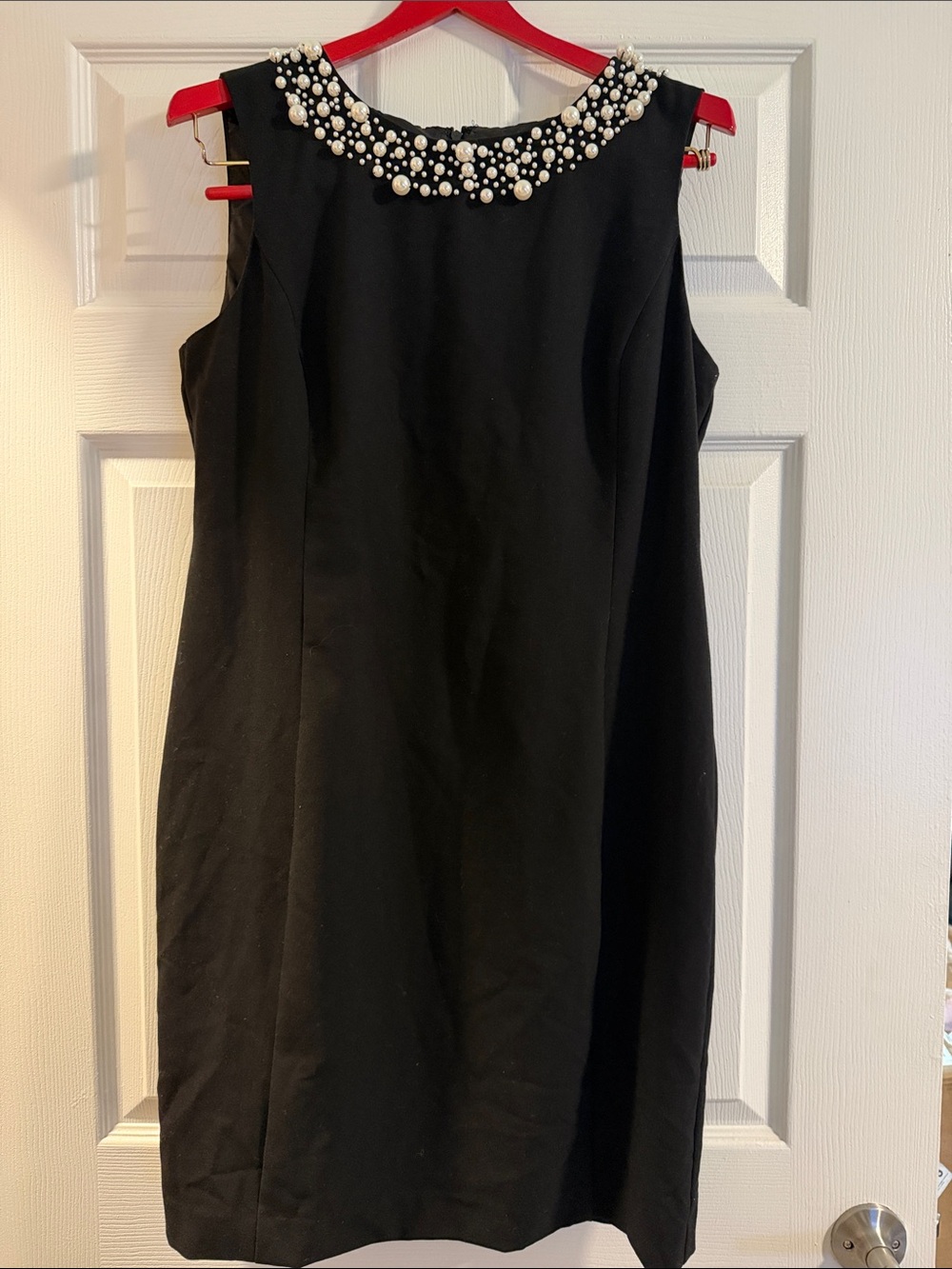 Ellen Tracy Black Mini Dress with Pearl-Embellished Neckline size 14P